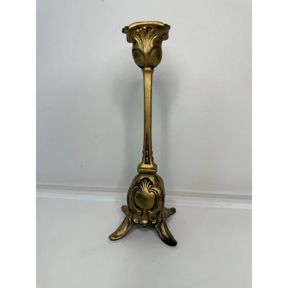 Vintage Gold Tone Ornate Candlestick Holder 8” Hollywood Regency Gothic Decor